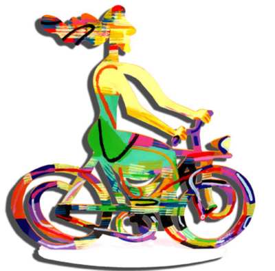 Nottbohm 2006 &copy; Mopedfrau von David Gerstein - Bildhinweis: Skulptur vor wei&szlig;er Wand, Grau ist der Wandschatten 