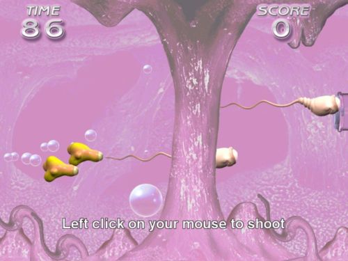 Porth , 2006 &copy; Screen-Shot von Catch-The-Sperm. Schie&szlig;en Sie mit Cordomen die Spermien, Krankheitserregen und AIDS-Vieren ab.