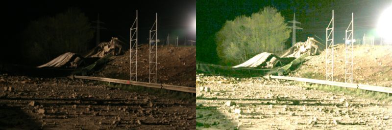Fotos von Sven Marquardt, IT & Foto Service Marquardt , 2007 &copy; Die Sprengung der Br&uuml;cke ist gegl&uuml;ckt. Die vielen Betonbrocken in vierzig f&uuml;nfzig Meter Entfernung zeigen, wie gro&szlig; die Wucht der Sprengung gewesen war. (Vorsorglich wurde deshalb das Stra&szlig;enschild abmontiert.)