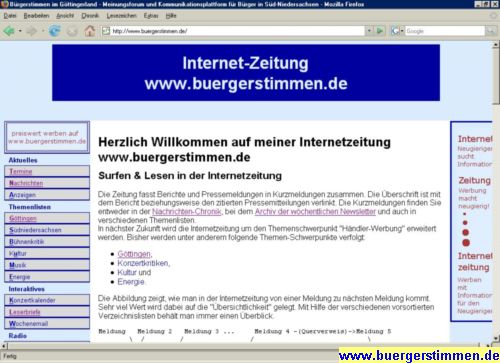 Pressefoto: Porth , 2007 &copy; Die Startseite der Internet-Zeitung informiert, wie man zwischen den Meldungen surft und die gew&uuml;nschten Informationen findet. Neulingen wird der Besuch der Seite "legende.htm" empfohlen, um sich schnell in der Internetzeitung zurechtzufinden.
