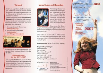 Pressefoto: Pressefoto , 2007 &copy; Vorderseite des Flyer zum neuen Jugendpreis "aktive Sch&uuml;ler", der von der B&uuml;rgerstiftung G&ouml;ttingen neu gestiftet wurde.