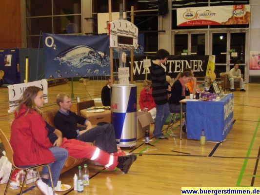 Pressefoto: Porth , 2007 &copy; Die Mediziner sa&szlig;en im Vordergrund.. Die Zeugen sa&szlig;en links neben dem Punktrichter auf dem Witness-Sofa und sind auf diesem Bild nicht zu sehen. Der Punktrichter sa&szlig; direkt unter der Uhr und warf frische B&auml;lle den Spielern zu, wenn ein Ball sich zu weit vom Spielfeldrand entfernt hatte. Helfer holten solche verirrten B&auml;lle und brachten sie dem Punktrichter.