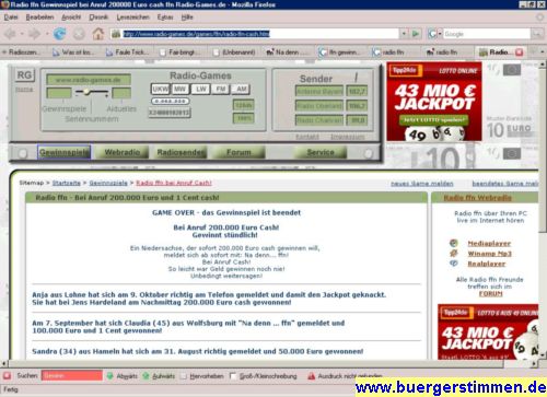 Pressefoto: Porth , 2007 &copy; Der Screenshot zeigt eine Werbeanzeige bei www.radio-games.de. Auf der Website von ffn ist au&szlig;er einem Bericht &uuml;ber den letzten Gewinner nichts zu finden.