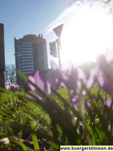 Pressefoto: Porth , 2008 &copy; Der Krokus in der grellen Mittagssonne gegen&uuml;ber vom Neuen Rathaus steht schon am 9. Februar in voller Bl&uuml;te. Es ist das Fehlen der Insekten, was das Bild bedrohlich macht.