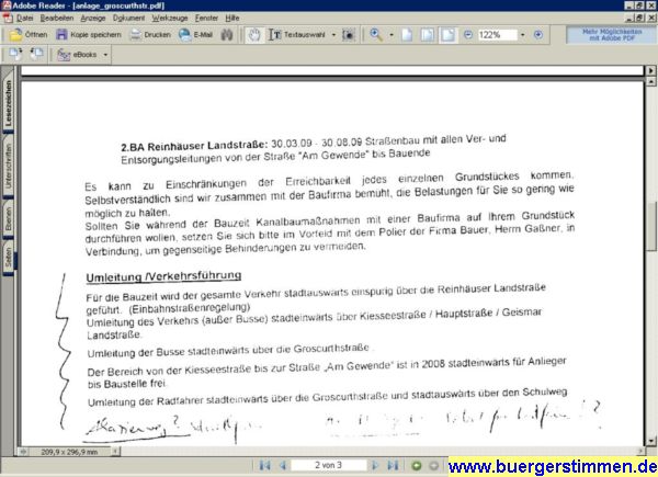 Pressefoto: Pressefoto , 2008 &copy; Die pressemitteilung enthielt eine Kopie des Informationsschreibens der Stadt. Mit einem Screenplot wird hier die betreffende Stelle des Versprechen dargestellt, wonach nur der Busverkehr durch die Gro&szlig;curthstra&szlig;e flie&szlig;en soll.