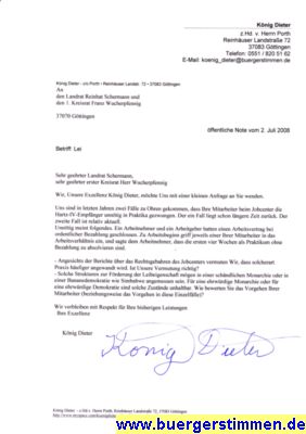 Pressefoto: Porth , 2008 &copy; Der Scan zeigt den Original-Schriftsatz. Augenscheinlich wurde der Text in gro&szlig;er Erregung oder in gro&szlig;er Hast geschrieben, denn der Vorname des Landrats ist falsch. Weiterhin ist die Betreffzeile unvollst&auml;ndig. 