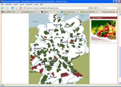 Pressefoto: Screenschot , 2009 &copy; Screenshot mit Landschaftsschutzgebieten. Rot sind die Landschaftsschutzgebiete mit Spezialit&auml;ten im Shop. Auf der Website sind die verschiedenen Landschaftsschutzgebiete mit seperaten Beschreibungen verlinkt