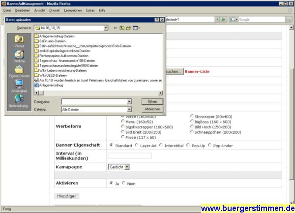 Pressefoto: http://www.buergerstimmen.de/ , 2008 &copy; Mit dem Button DURCHSUCHEN startet man ein Fenster, um den Pfad des Gedichte-Banners auf dem heimischen PC anzugeben